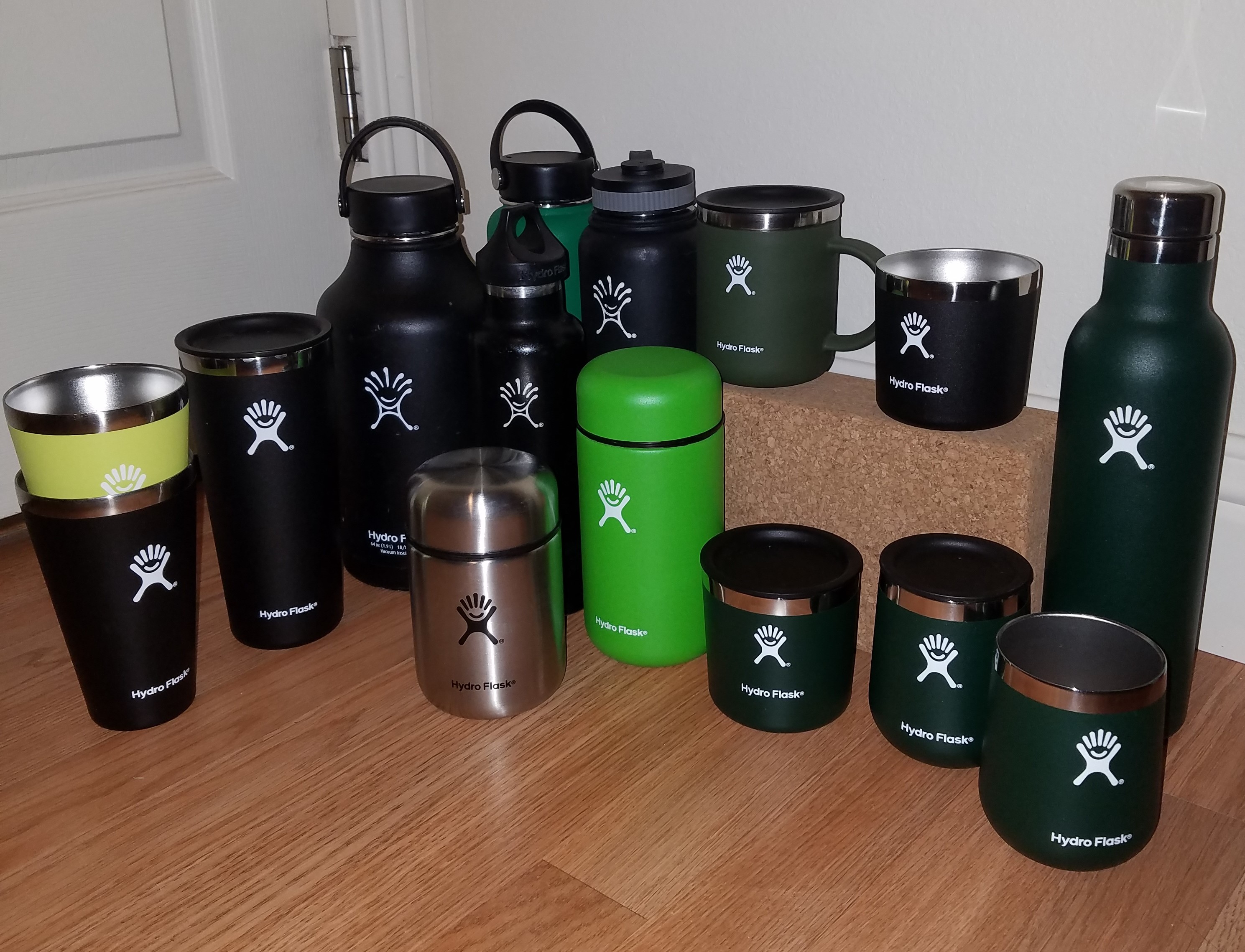 All the Hydro Flasks that I own, there are 15 items shown in this image