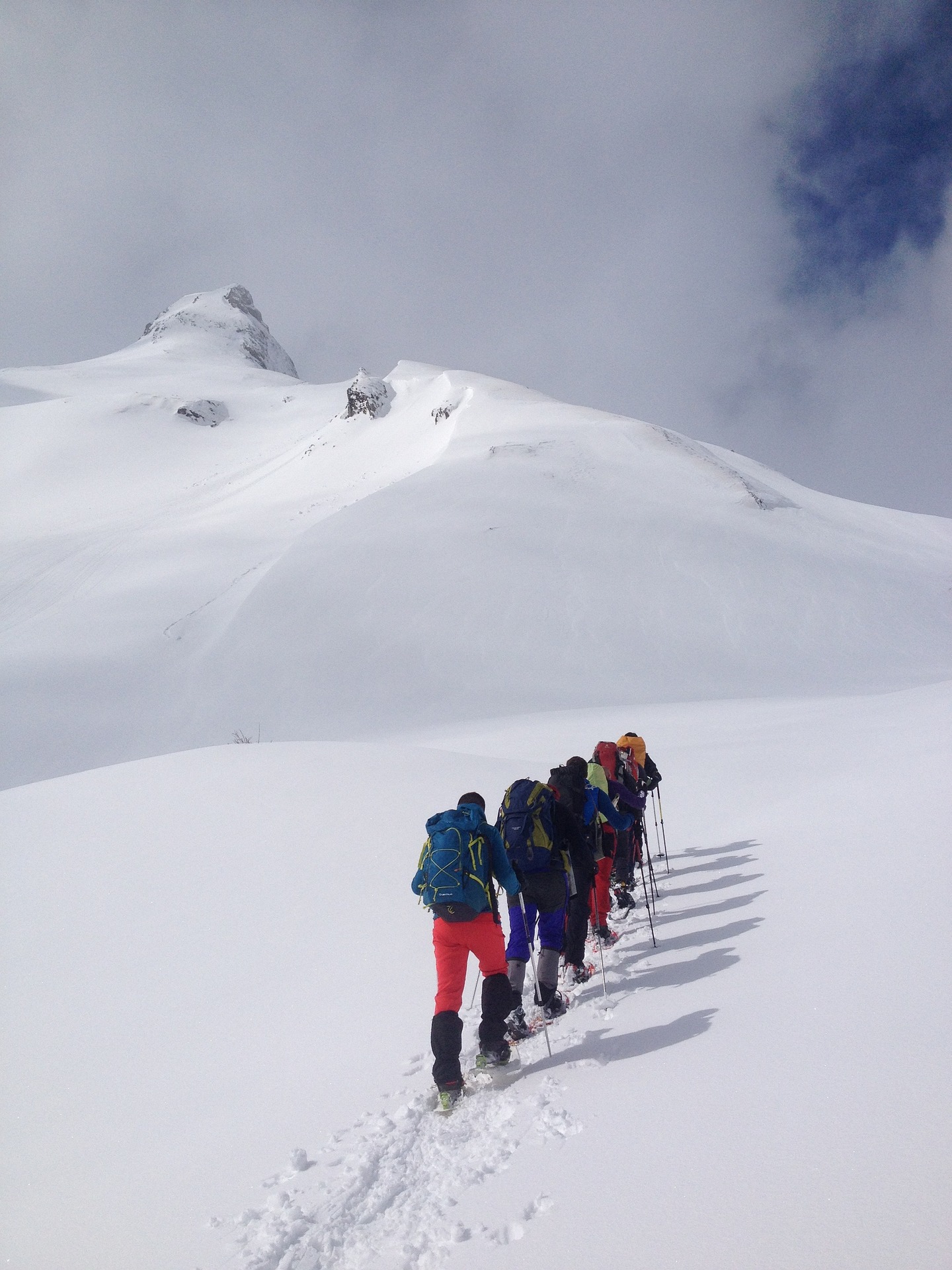 a snowshoeing group in line formation moving up a mountain