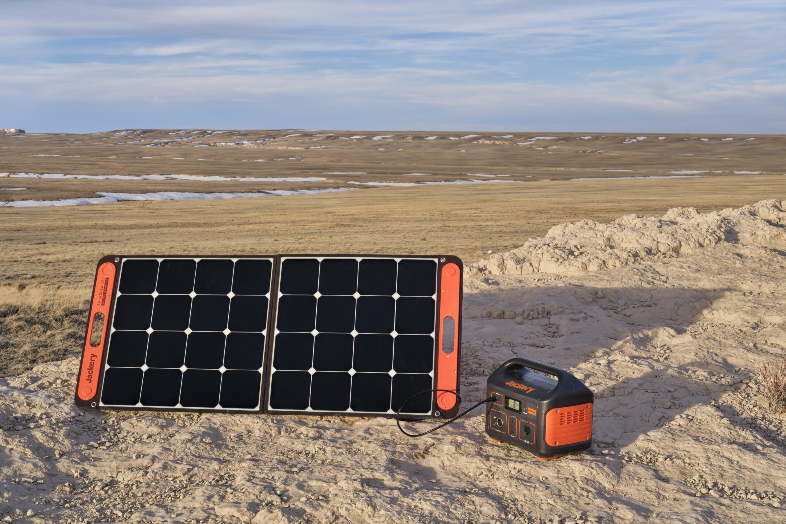 Charging-Jackery-Explorer-500-poratble-battery-with-the-solar-panel