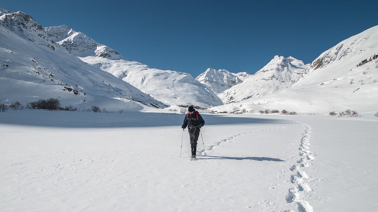 solo person surrounded by snow and using snowshoes to get around