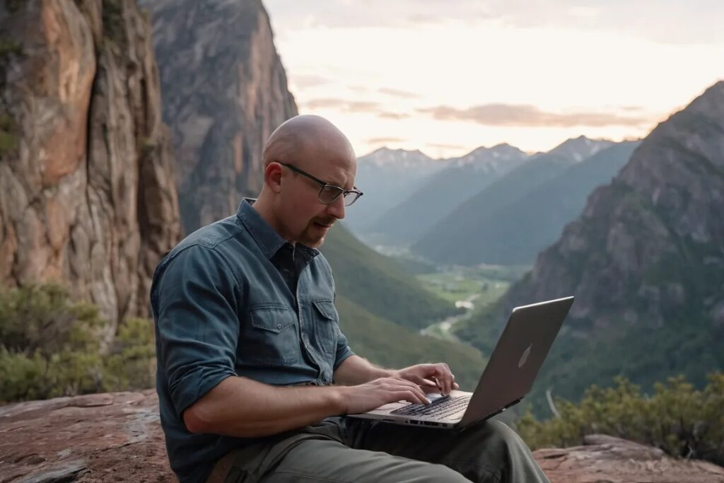 AI E Wilde sitting on computer next to epic mountain view