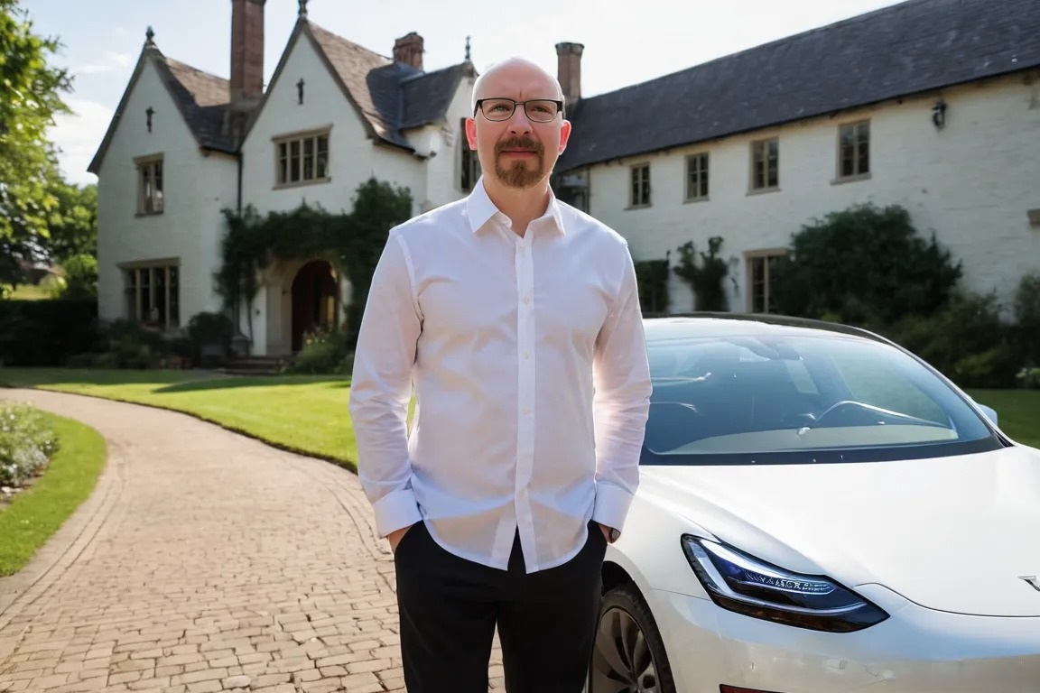 AI Wilde standing in front of a white Tesla near a big house