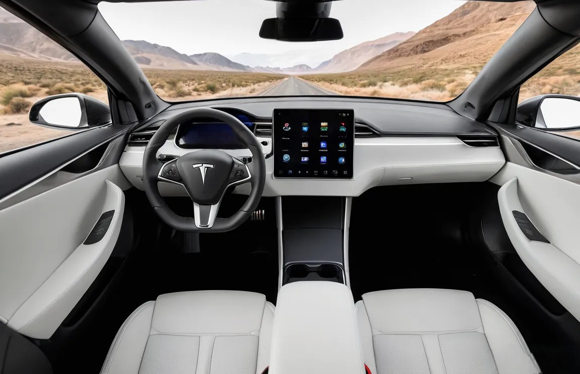 Inside a Tesla looking out the front windshield