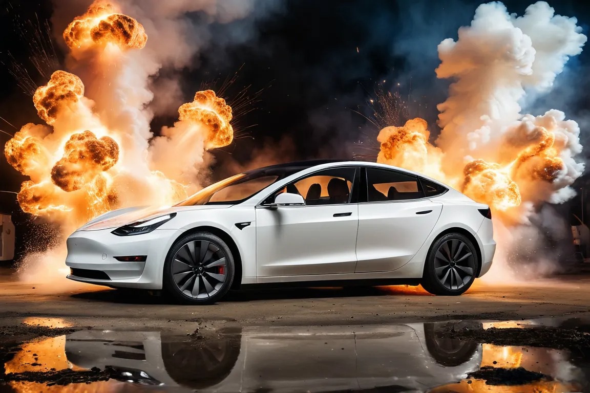 Tesla Model 3 with explosion in the background