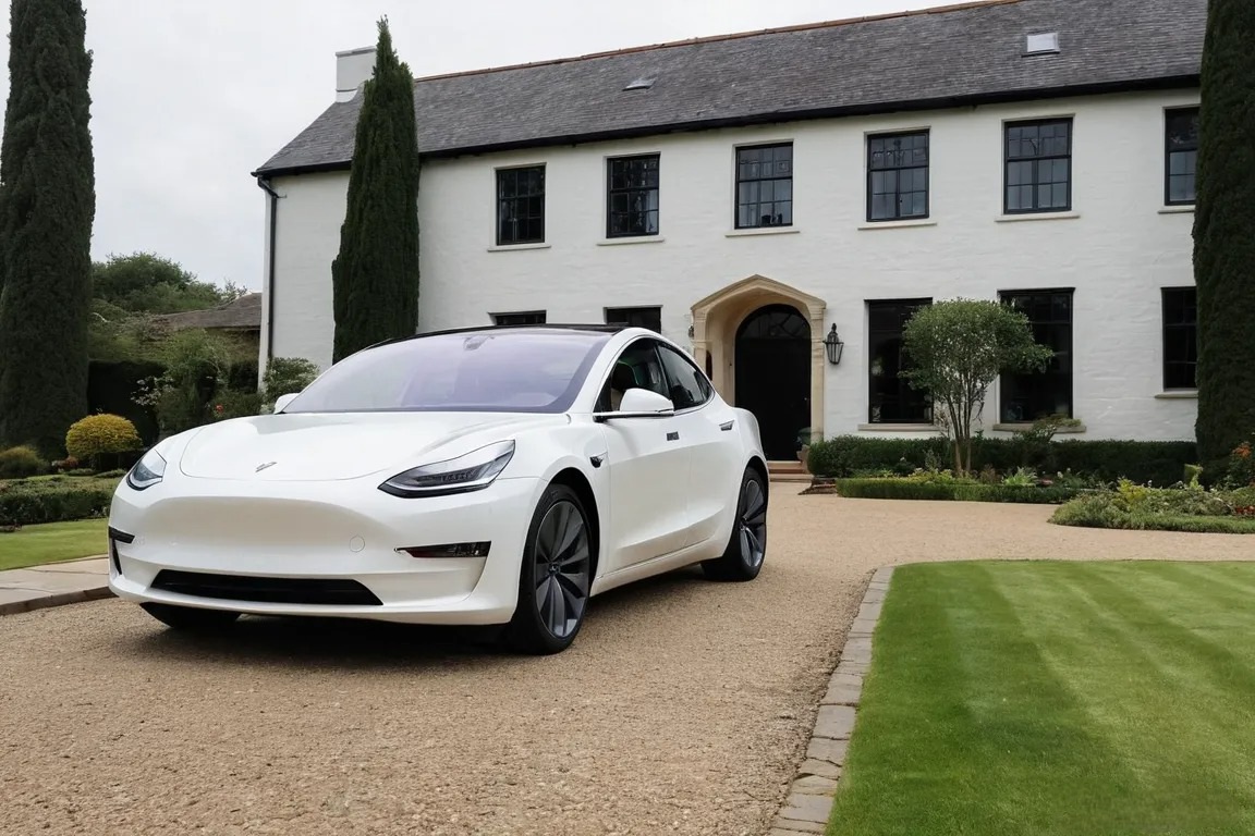 White Tesla in front of a big house