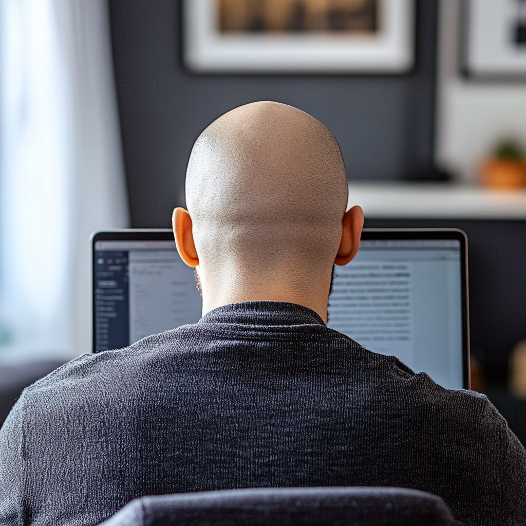 Bald man looking at computer