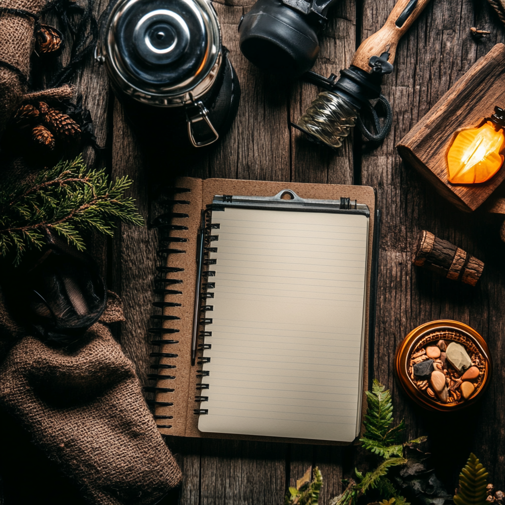 Notebook with camping gear