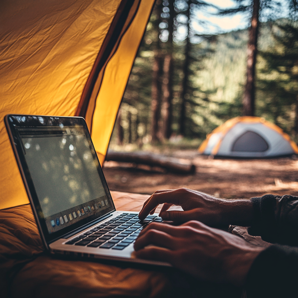 Typing on laptop while camping