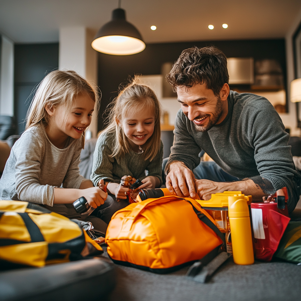 Family packing an emergency kit together