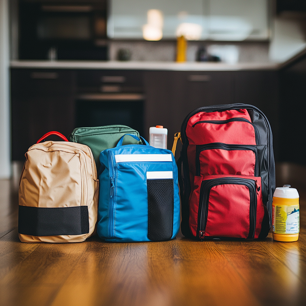 Three emergency bags side by side
