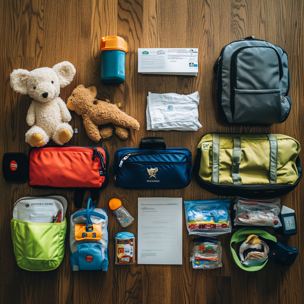 family go bag contents laid out