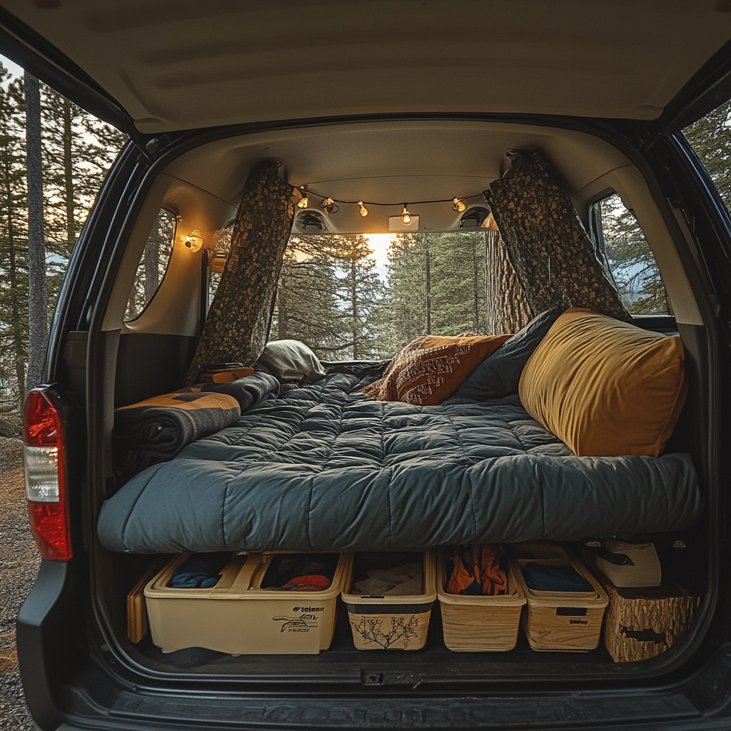 interior of a car camping setup