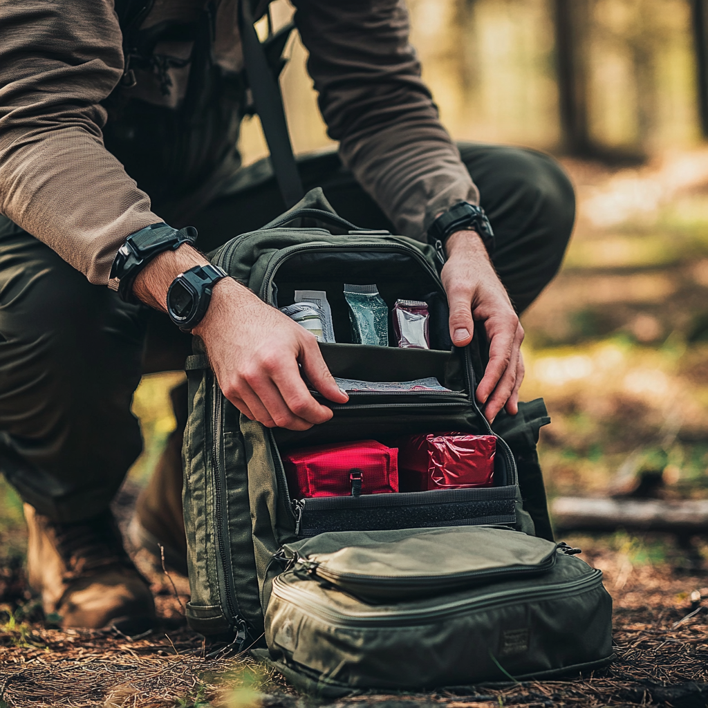 kneeling looking at modular backpack 1