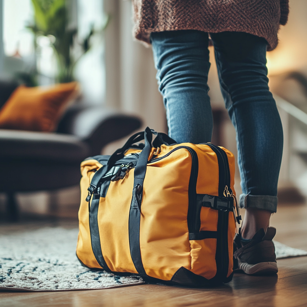person standing beside neatly packed emergency kit
