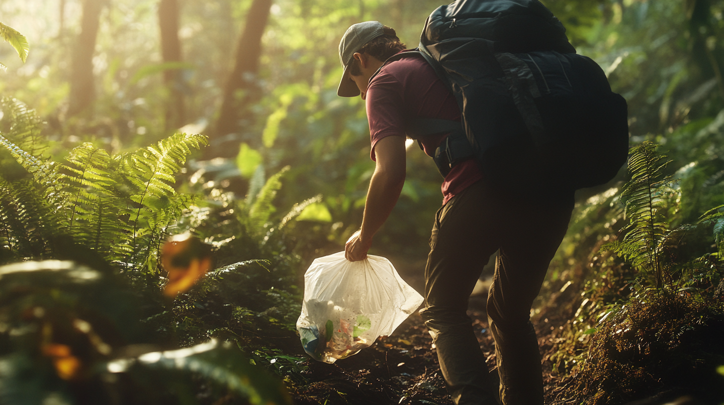 LNT short post - Trail with hiker cleaning up