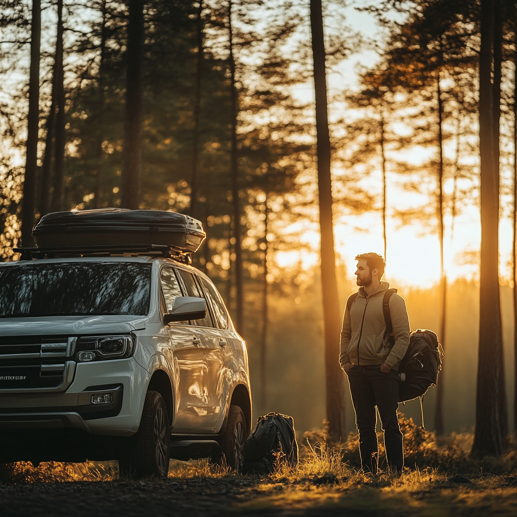 confident car camper standing next to SUV
