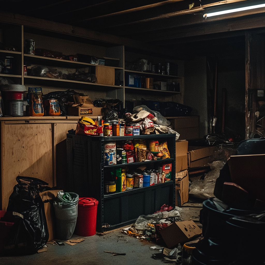 cluttered emergency supply corner of a garage