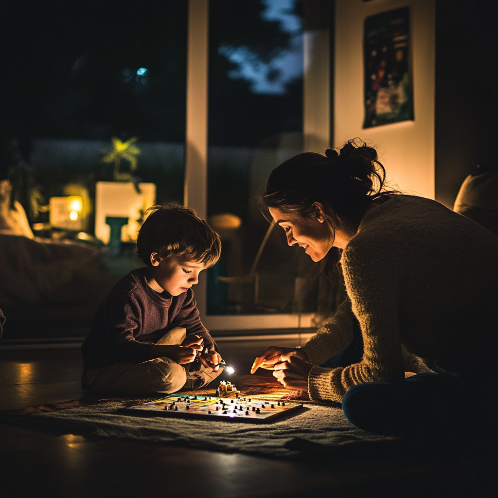 mom and son during a power outage