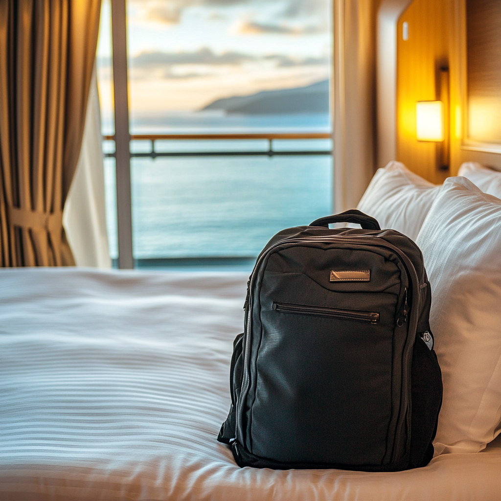 backpack on a cruise ship bed