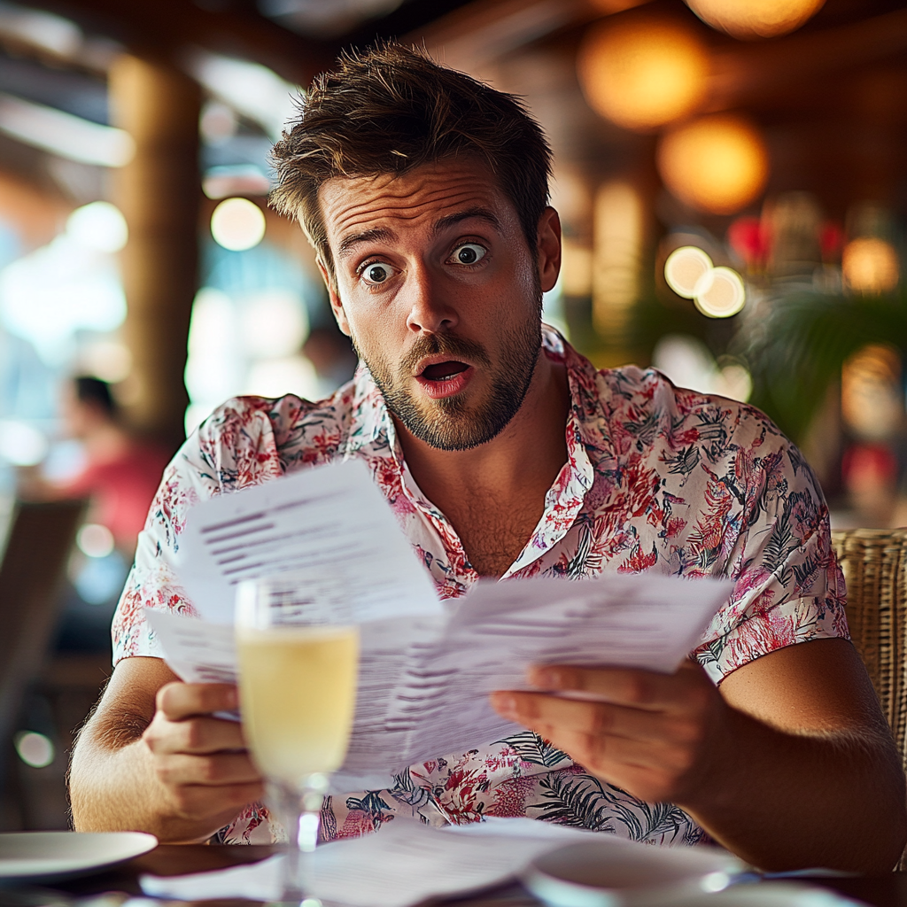 man looking surprised while reading a cruise ship receipt