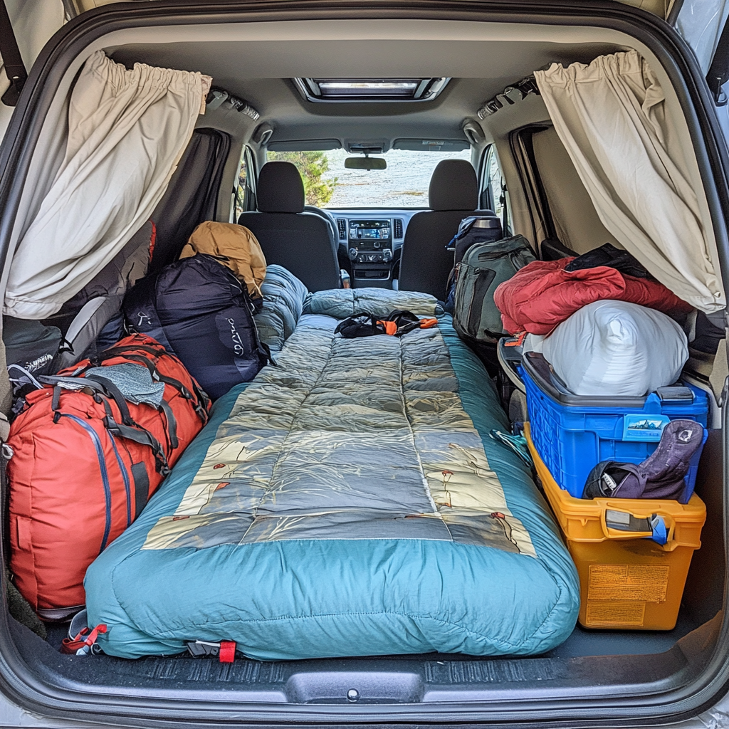 packed RAV4 with bedding and bins