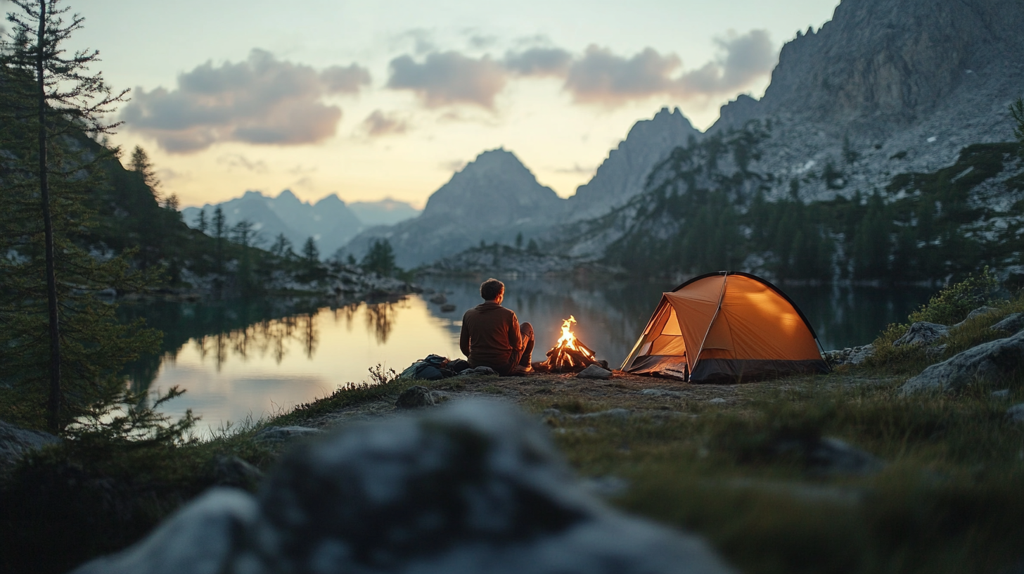 solo car camper sitting by a tent and campfire