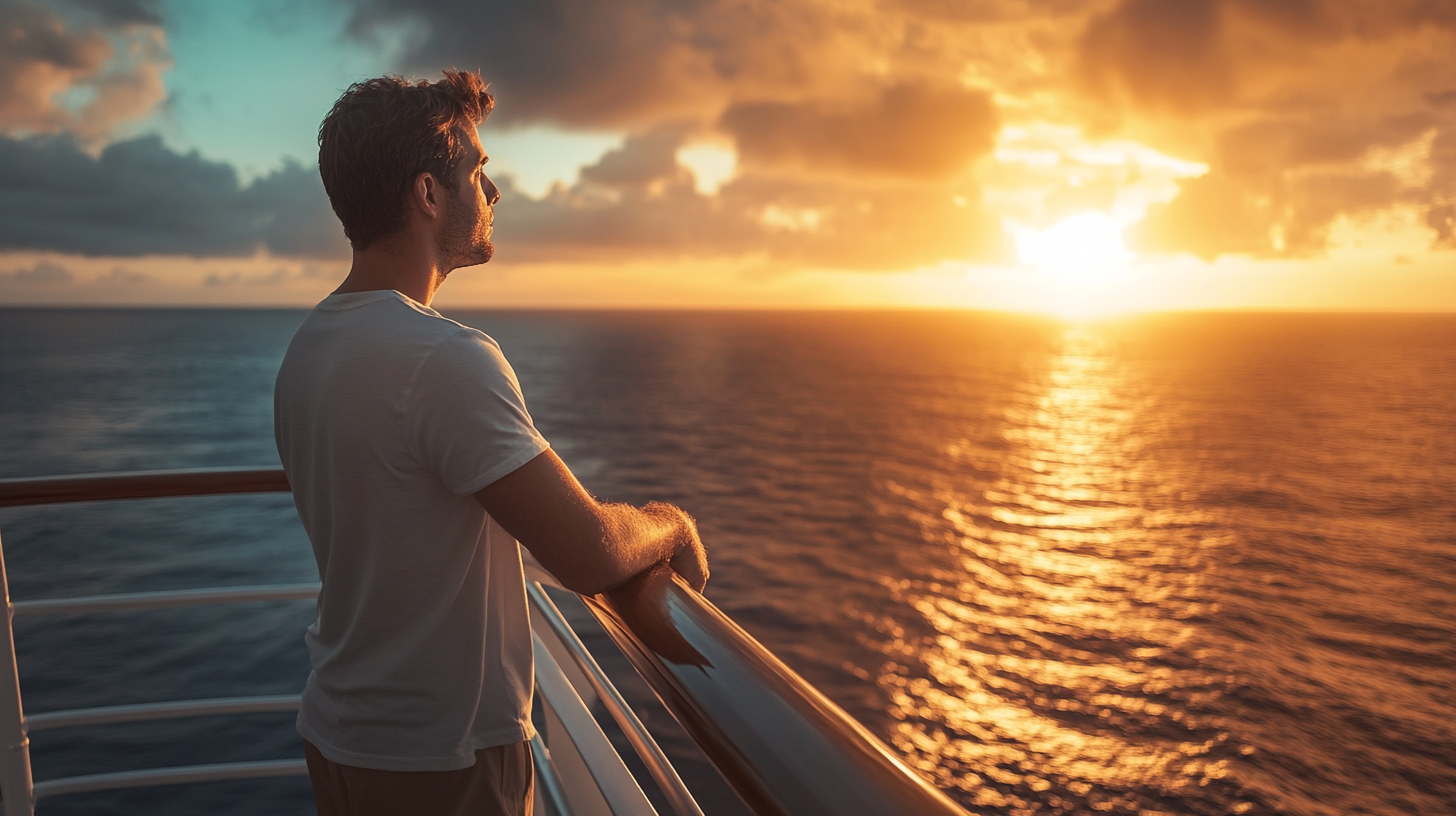 standing alone at the railing of a cruise ship