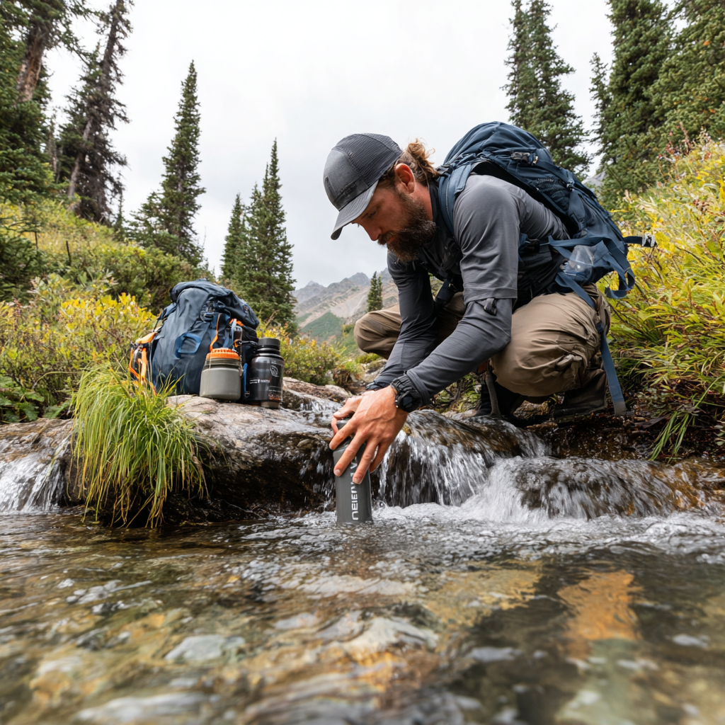 Backpacker filtering water from stream