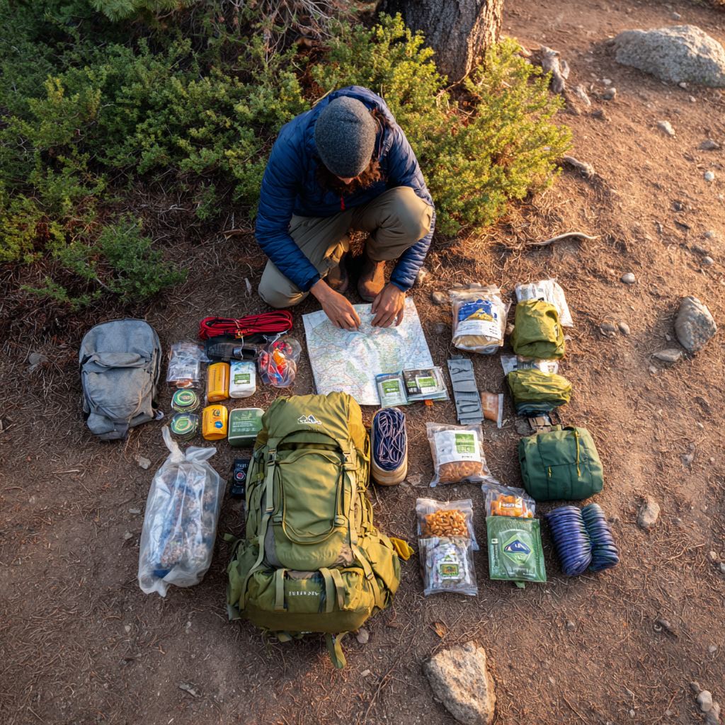 Backpacker organizing gear