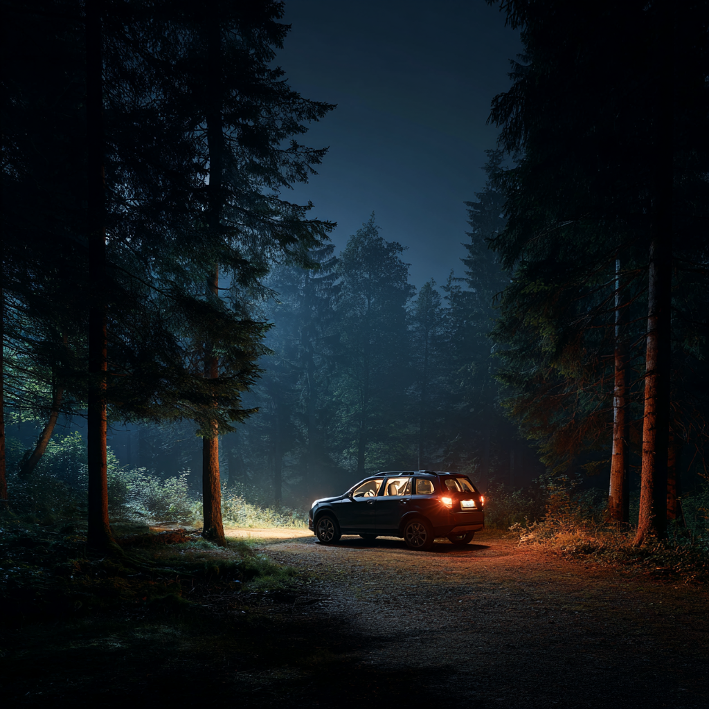car parked off a forest road at night