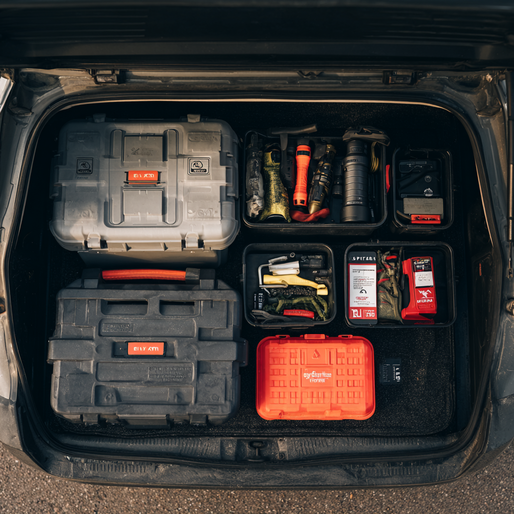 compact vehicle trunk with a minimalist kit