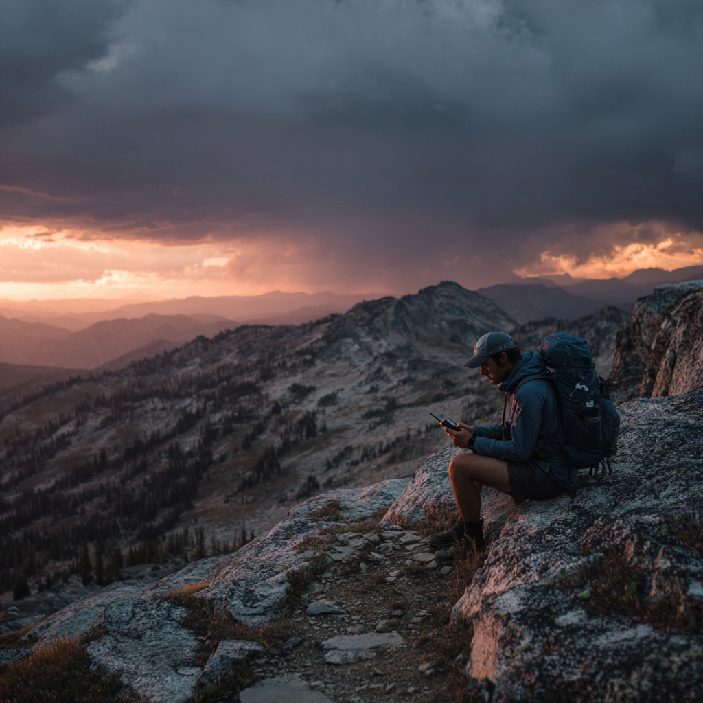 hiker activating satellite communicator on remote trail