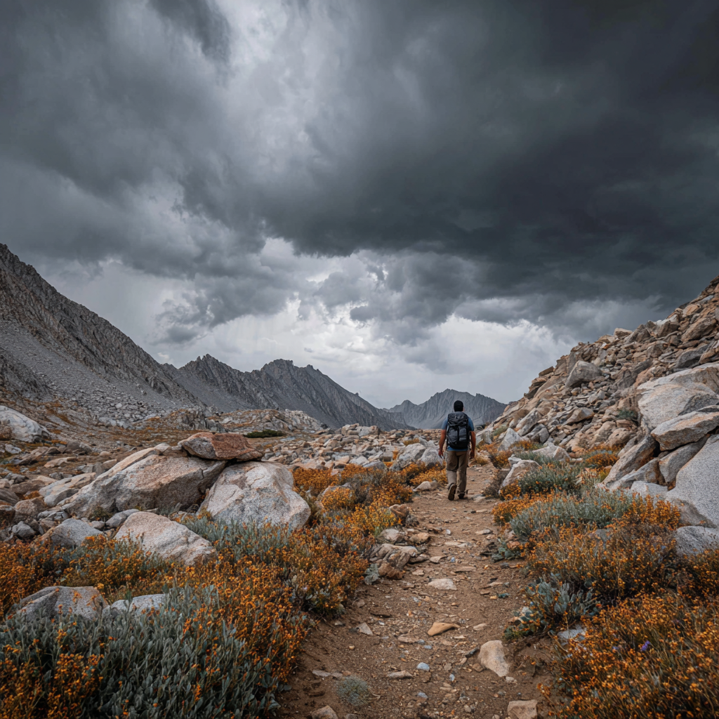hiking alone on a rugged trail