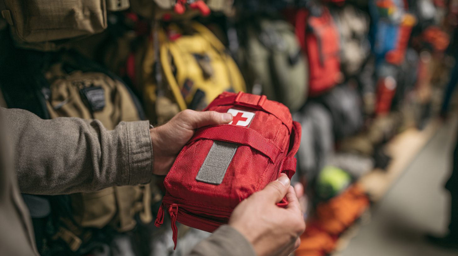 holding red labeled medical pouch