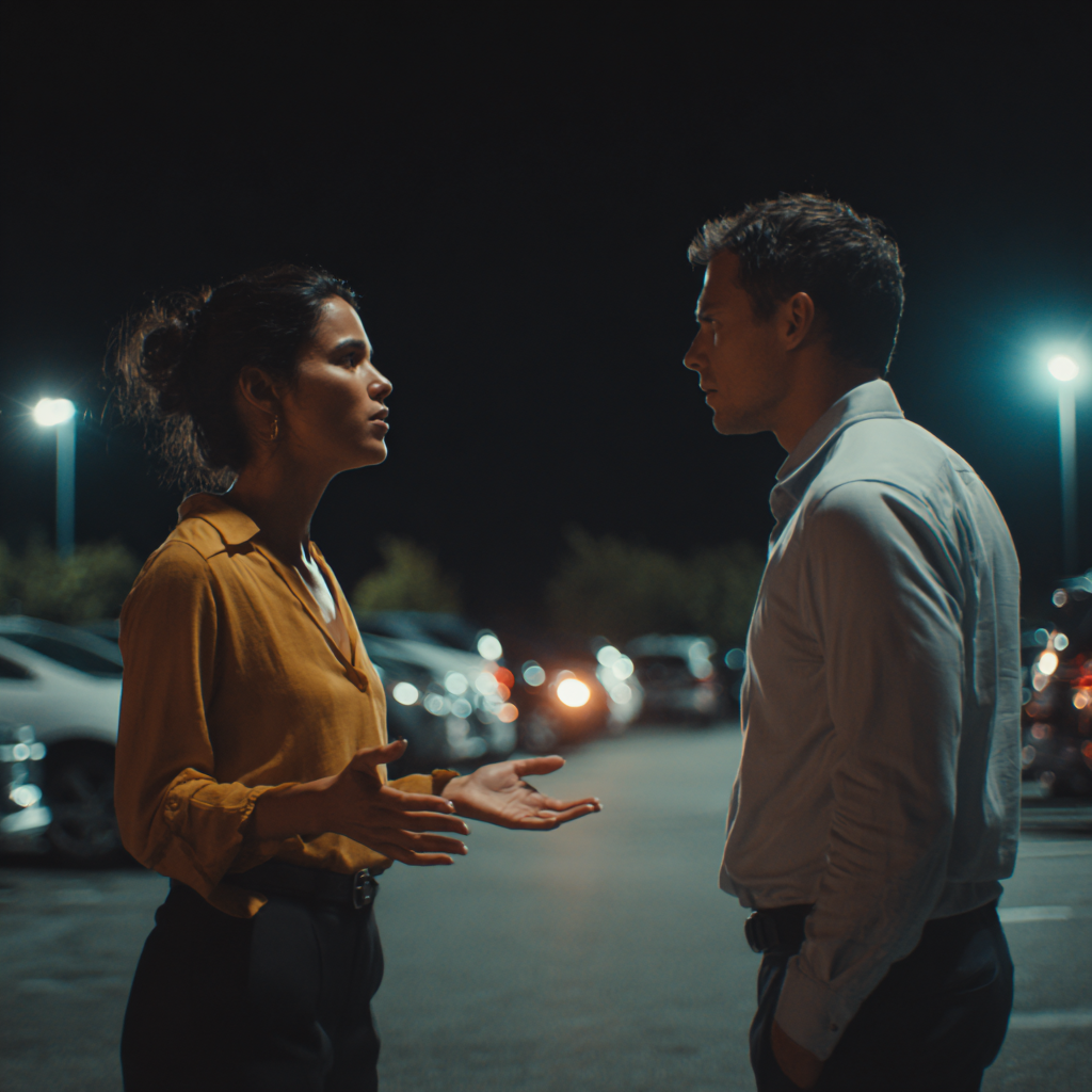 two people in a tense conversation in a parking lot
