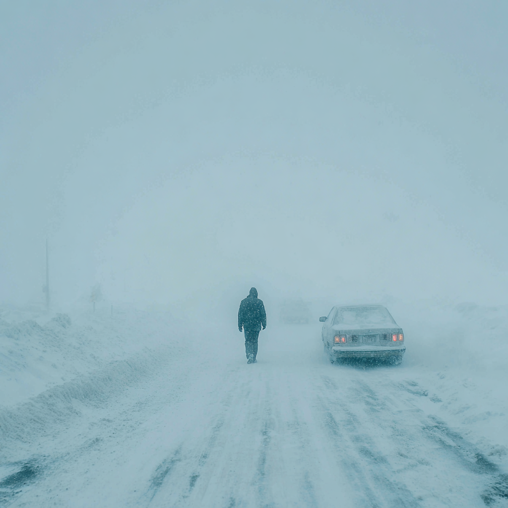 walking from a stranded car in a snowstorm