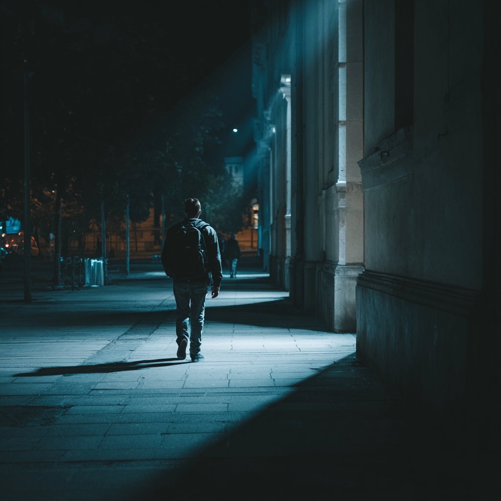 walking through a dimly lit city at night