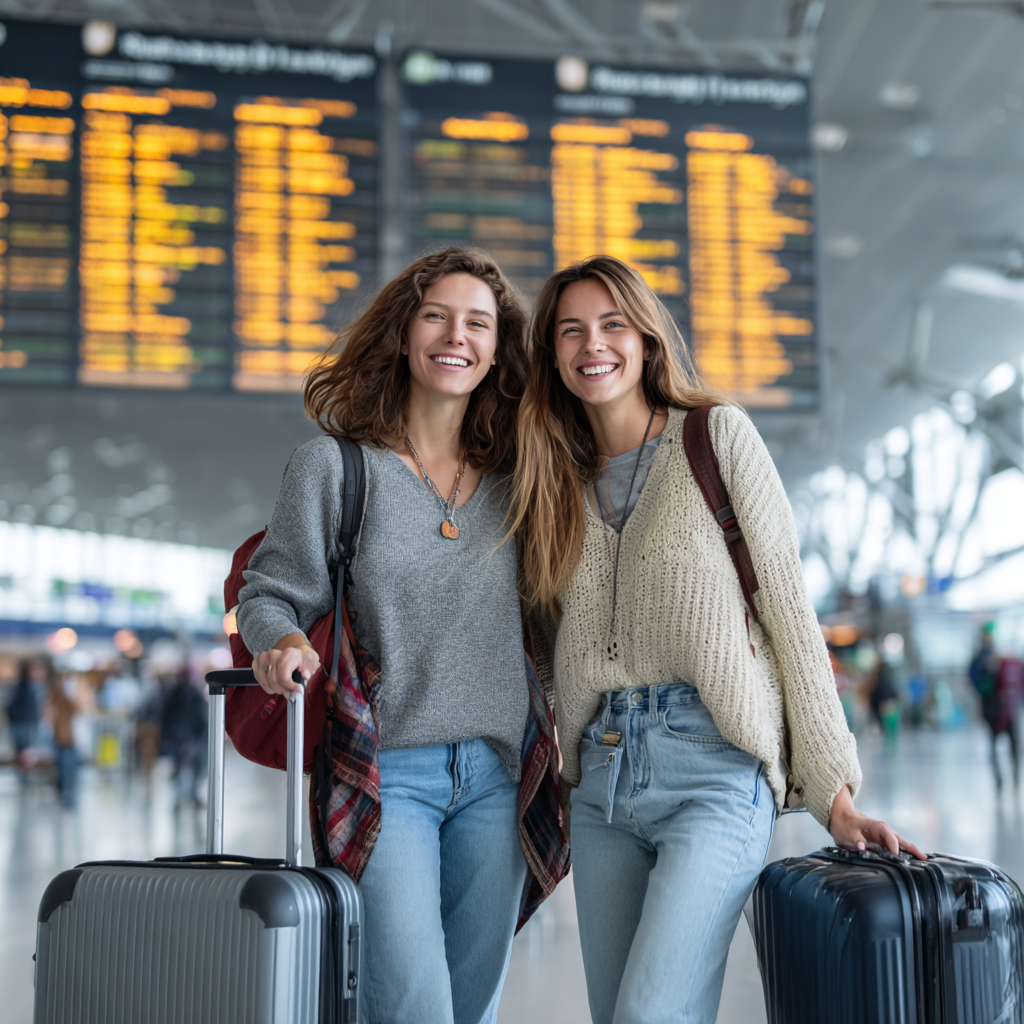 Two travelers with luggage airport